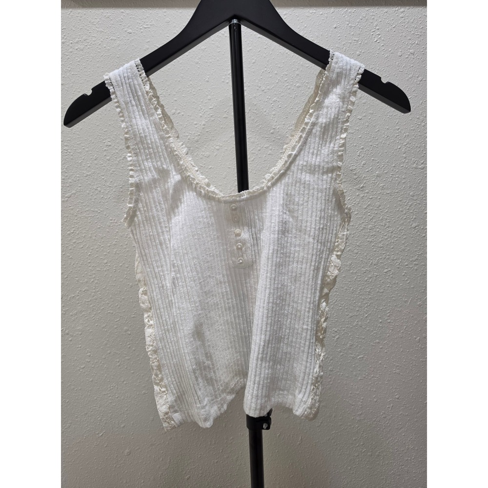 Free The Roses Anthropologie White Lace Trim Henley Rib Knit Tank Top TL055T S